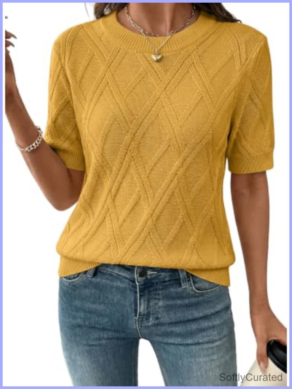Women's Cable Knit Short Sleeve Sweater Crewneck Business Casual Pullover